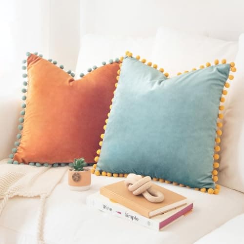 MONDAY MOOSE Decorative Throw Pillow Covers Cushion Cases, Set of 2 Soft Velvet Pom Poms Double-Sided Designs, Mix and Match for Home Decor, Pillow Inserts Not Included (20x20 inch, Orange/Teal)