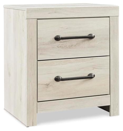 Signature Design by Ashley Cambeck Farmhouse Industrial 2 Drawer Two Drawer Nightstand with 2 Slim-Profile USB Charging Stations, 24.37" Tall, Whitewash