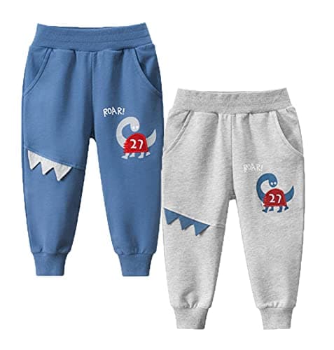 HILEELANG Toddler Boys' Jogger Pants 2-Pack Pull on Elastic Blue Grey Dinosaur Playwear Sweatpants 2T