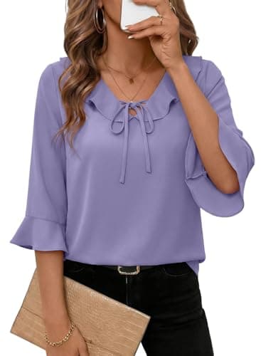 EVALESS Women Blouses 2026 Spring Outfits 3/4 Length Sleeve Womens Tops Tie Front Ruffle V Neck Work Business Office Shirts,Purple Medium