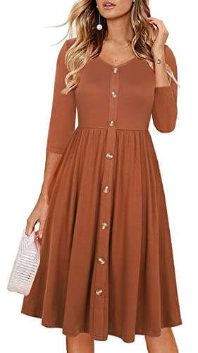Lamilus Women's Casual Fall 3/4 Sleeve V-Neck Button Down A-Line Swing Party Dress (S,Brown-026-3/4)