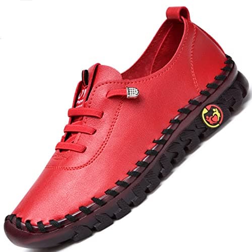 Tenacitee Women's Leather Soft Bottom Flat Shoes Handmade Beef Tendon Leisure Set of Feet Breathable Round Head Non-Slip Mom Loafers Red