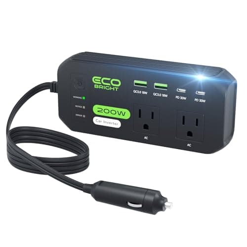 EcoBright 200W Car Power Inverter DC 12V to 110V AC, 30W USB-C & 18W USB-A Fast Charging, 2 AC Outlets for Laptop, Phone, Tablet, Game Console - Compatible with 12V Cigarette Lighter Socket