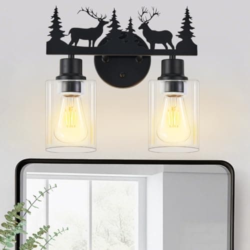 Monyohame Rustic Bathroom Light Fixtures, 2-Light Farmhouse Vanity Lamp with Deer Design and Clear Glass Shade, Black Wall Lighting for Bathroom, Hallway, Kitchen, Porch