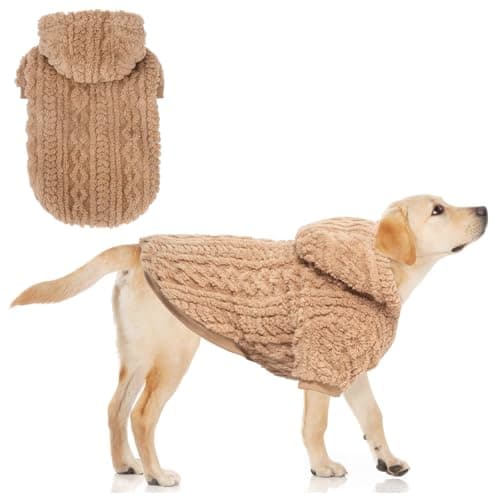 KOOLTAIL Fuzzy Dog Sweater Hoodie for Small Medium Large Dogs, Soft Fleece Pet Clothes Sweatshirt with Leash Hole, Warm Winter Dog Sherpa Jacket Snuggie Cold Weather Coat for Puppy Cats Girl, Beige L