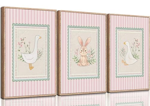 YKVDOROK 3Pcs Pink Goose Wall Art Nursery Rabbit Posters Sweet Goose Floral Botanical Painting Pictures Cute Animal Wall Decor Canvas for Baby Kids Bedroom Prints Unframed