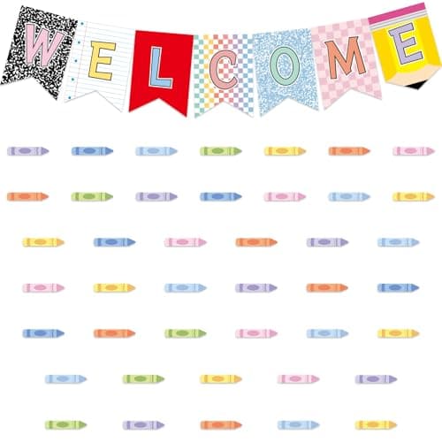 50Pcs Welcome Back to School Bulletin Board Classroom Welcome banner First Day of School Classroom Decor Colorful Crayon Composition Cutouts for Home Office Chalkboard Wall Door Decor Teacher Supplies