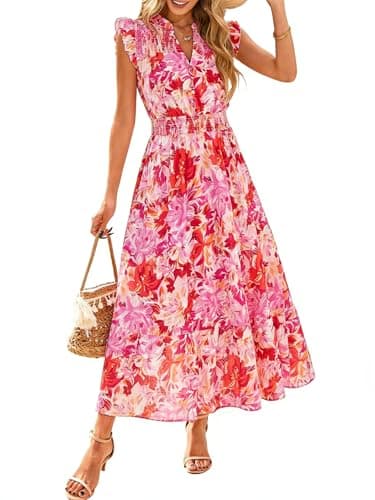 Simplee Womens Summer Floral Maxi Dress Elegant Boho Casual Beach Vacation Dresses Tiered Easter Smocked Long Sundress (Red Floral M)