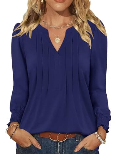 LOMON Womens Tops Dressy Casual Pleated V Neck Work Blouse Tunic Tops for Women Loose Fit Dressy Outfits for Teachers Navy Blue S