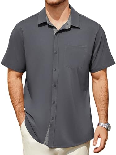 Hardaddy Men's Button Down Shirts Short Sleeve Casual Shirts Summer Beach Vacation Shirt with Pocket for Business Wedding Gray L