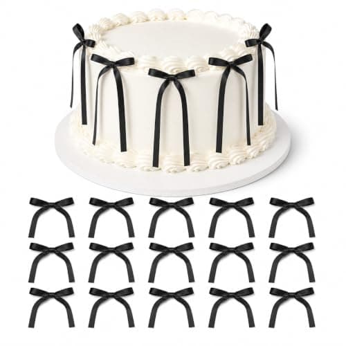 20 Pcs Satin Bow Cake Toppers with Twist Ties, Elegant Ribbon Cupcake Decorations for Wedding, Birthday, Fall, Christmas Party Dessert Table Decor Supplies (Black)