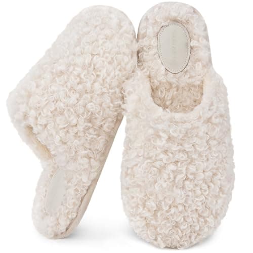 Snug Leaves Women's Scuff Slippers Furry Cute Curly Faux Wool Slip-on Indoor Memory Foam House Shoes Cream White, 11-12 US