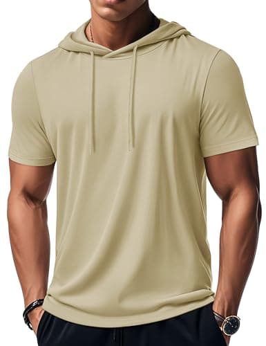 MAGCOMSEN Workout Shirts for Men Short Sleeve Hoodie Sweatshirt Gym Athletic Lightweight Pullover Summer Cotton T Shirt Khaki