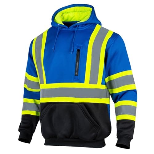Drizomo High Visibility Safety Fleece Hoodie for Men Reflective Sweatshirt ANSI Class 1 Hi Vis Pullover Hoodie Jacket(Blue,M)