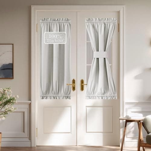 NICETOWN 100% Blackout Linen French Door Curtain, Thermal Insulated Door Shade for Privacy Thermal Insulated Window Covering for Bedroom Living Room, 26 x 40 Inches Long, 1 Panel, Greyish White