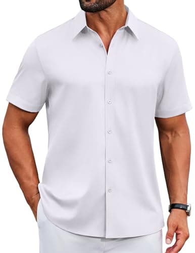 COOFANDY Short Sleeve Shirts for Men Button Down Shirt Wrinkle Free Dress Shirt Lightweight Casual Summer Wear White