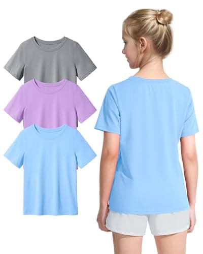 KEREDA Girls Athletic Shirts Quick Dry Short Sleeve Crew Neck T Shirts, Summer UPF 50+ Tee Tops for Teen Girls 3 Pack 7-8Years Grey Purple Blue