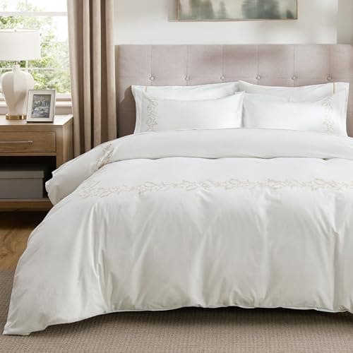 Bedsure 100% Cotton Percale Duvet Cover Queen, Luxury Hotel Duvet Cover, Curly Frame White Comforter Cover, PureWoven Breathable & Lightweight Bedding Set for All Season, 3 Pieces, 90"x90"