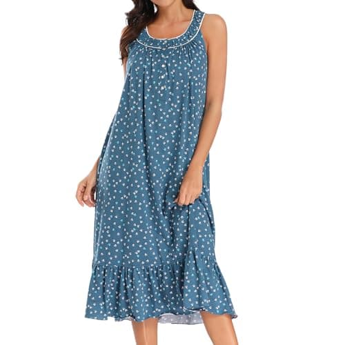 FMIRREO Cotton Nightgowns for Women Sleeveless Night Gowns for Adult Women Soft Comfy Nightshirt Pleated Long Nighties XL