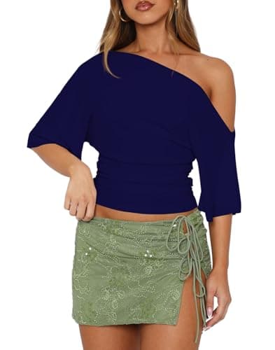 BONITEE Off the Shoulder Tops for Women Summer Short Sleeve Navy Blue,S
