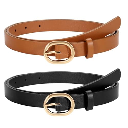 WERFORU 2 Pack Women's Skinny PU Leather Belt with Gold Buckle Ladies Thin Leather Leather Plus Size Waist Belt for Jeans Dress （Black+Brown,Fit Waist Size 25-30 Inches