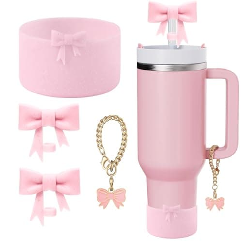 CDYLDXG Cup Accessories Set for Stanley,Including1Pcs Silicone Boot Sleeve, 2Pcs Cute Glitter Bow Straw Cover Caps 10mm Reusable Straw Toppers and 1Pcs Handle Charm for Stanley.(Glitter Pink)