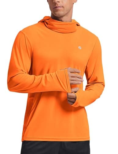 PINSPARK Lightweight Sun Shirts Men UPF 50+ Hoodie Face Mask Long Sleeve Fishing UV Protection Rash Guard Breathable Cool Orange