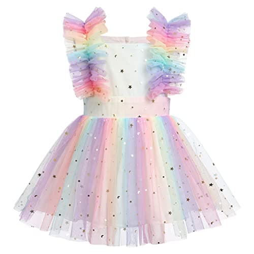 Cake Smash Outfit Girl 1st Birthday,Rainbow Sequin Stars Princess Tulle Tutu Dress Ruffle Baby Party Dresses, Newborn Infant Girls Photoshoot Outfit Rainbow-Stars 6-12 Months