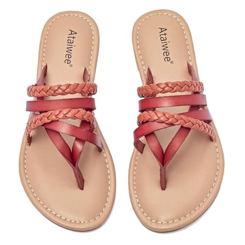 Ataiwee Women's Casual Flat Slide Sandals - Dressy Comfortable Criss Cross Strappy Summer Sandals,Open Toe Multi Strap Beach Flat Thong Sandals.Brown 9