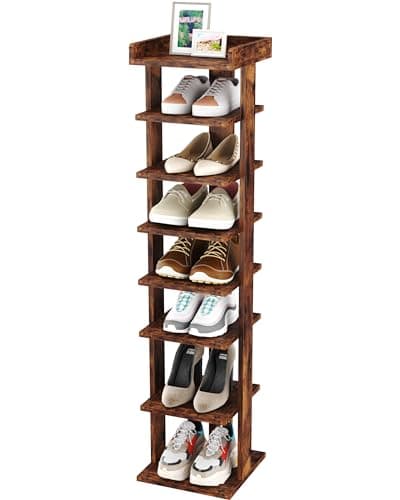 HOMEFORT 7-Tier Wood Shoe Rack, Entryway Shoe Tower,Vertical Shoe Organizer, Wooden Shoe Storage Stand, Rustic Brown