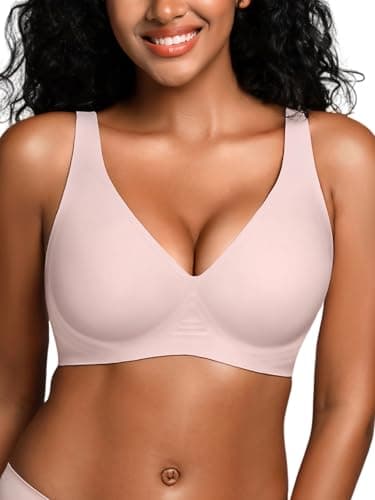 Wireless Bras for Small Breasted Women - S-L Deep-V Jelly Seamless Bralette, Comfortable Padded T-Shirt Bra No Underwire Pink S