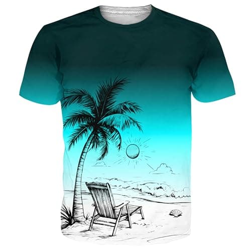 uideazone T-Shirt for Men Tropical Beach Vacation Shirt Gradient Teal Crewneck Short Sleeve Graphic Tees Summer Casual Wear XL