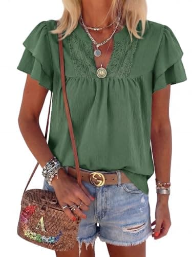 Womens Summer Tops Dressy Casual Ruffle Short Sleeve V Neck Shirts Business Work Blouses 2026 Trendy Green