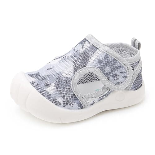 RVROVIC Boys Girls Summer Athletic Sandals Closed-Toe Breathable Mesh Slip-on Flats Lightweight Beach Water Shoes for Toddler(4 M US Toddler,1-Grey)