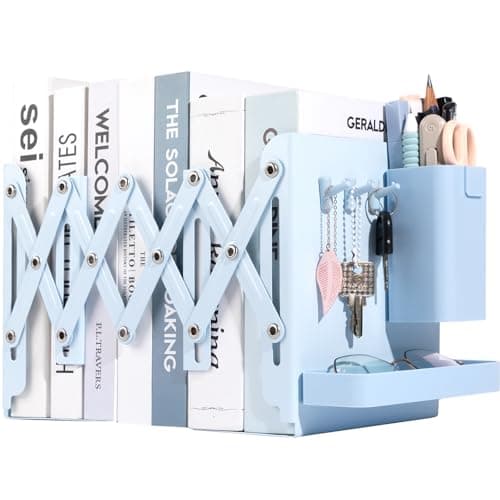 ALKALO Adjustable Bookends, 19" Metal Book Ends for Heavy Books, 2 Dividers Bookends with Removable Pen Holder, Tray, and 3 Hook-up, Book Organizer for Office, School, Bookstore, Home