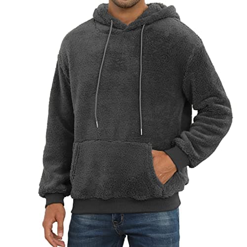 PEGENO Mens Casual Loose Fuzzy Pullover Hooded Winter Drawstring Sweatshirt Outwear（Dark Grey Small）