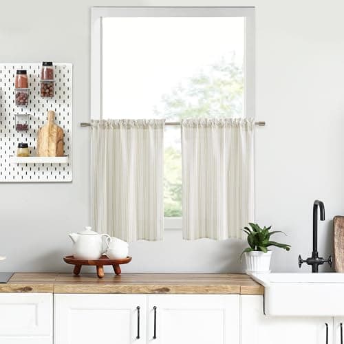 ZJDECOR Light Filtering Beige White Farmhouse Kitchen Curtains,27" Wx36 Lx2