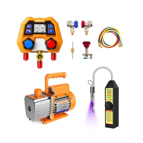 Elitech HVAC Refrigeration Tool Combo Kit, WJL-6000S Halogen Freon Leak Detector + NVP-5 5CFM 1/3HP Single Stage Vacuum Pump + DMG-2SE Digital Manifold Gauge Set, Supports R134a R410A R22 R1234YF, for