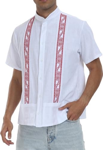 YZXDORWJ Mexican Shirts for Men Embroidered Traditional Men's Shirt Fiesta Cinco De Mayo Shirt Guayabera Shirt Pocket (XXL, M01-W)