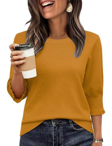Totatuit Womens 3/4 Length Sleeve Crew Neck Sweaters Golden Yellow XXL
