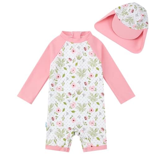 upandfast Baby/Toddler Girls Sunsuit Swimsuit with Snap Bottom UPF 50+ Infant One Piece Rashguard Swimwear (Light Pink, 12-18 Months)