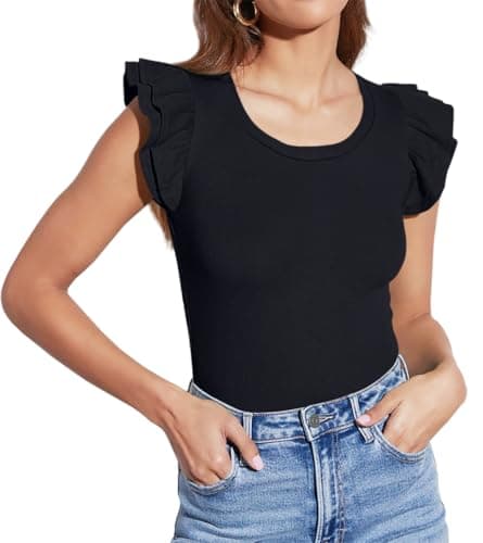 Lacozy Womens Blouse Summer Casual Ruffle Short Sleeve Tops Crew Neck Work Office Dressy Shirts Spring Fashion Black L