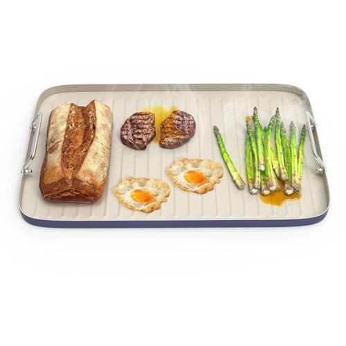 SafBbcue 20" x 13" Ridged Surface Griddle Pan, Double Burner Non-Stick Ceramic Coated, for Outdoor Gas Pellet Grill Stove Top, Oven & Broiler for Weber Charbroil Camp Chef Grill, Blue