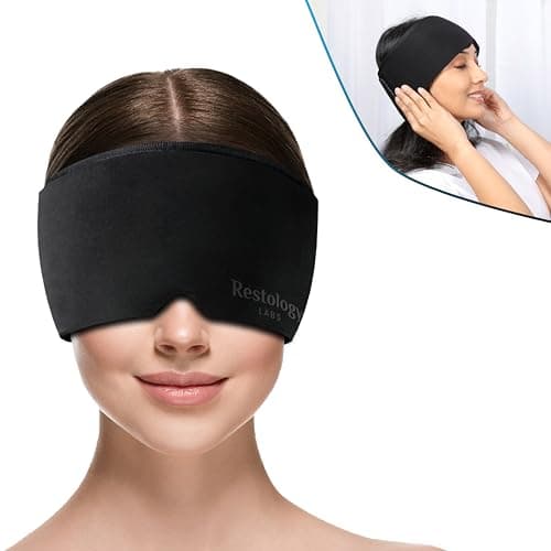 Restology Labs Adjustable Compression Migraine Mask and Cold/Hot Gel-Temp – Cold Headache Alleviating Ice Pack, Relief for Stress Hangovers Tension, Cooling and Heating Gel Cap, Sleep Mask