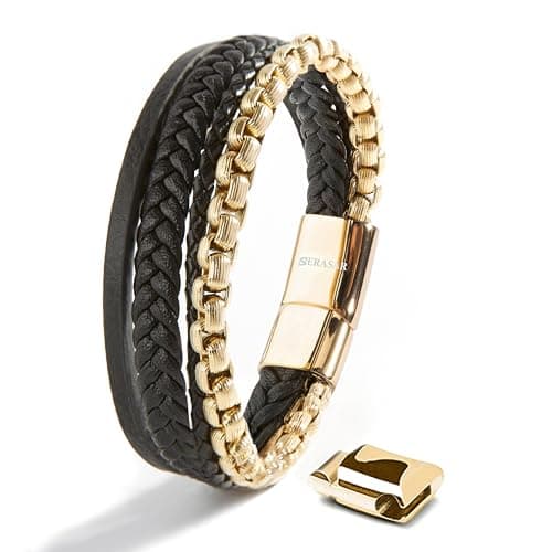 SERASAR Leather Men Bracelet Black Gold Steel Wrist Band Regalo 7 inch