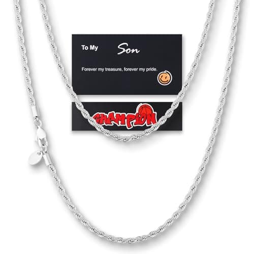 KRKC&CO Rope Chain Necklace for Men, White Gold Plated Chains, 3mm 20in