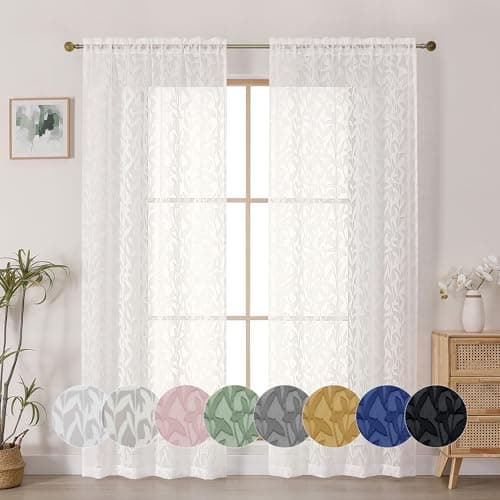 OWENIE Leyna Ivory Sheer Curtains 72 Inches Long for Bedroom 2 Panels Set, Light Filtering Clip Jacquard Textured Living Room Curtains, Rod Pocket Leaves Door Drapes, Each 40Wx72L Inch