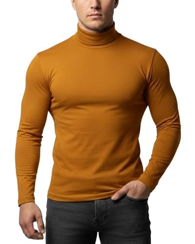 Kallspin Men's Turtleneck Pullover Sweater Cotton Long Sleeve Pullover Stylish Everyday Knit Top (Caramel L)