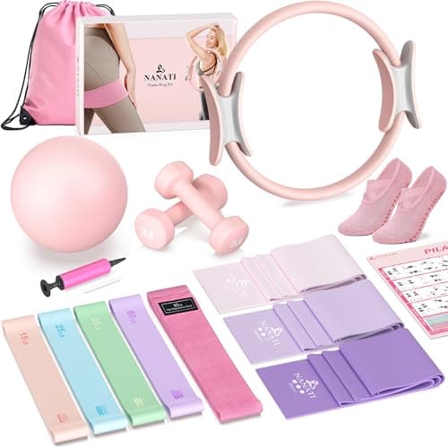 NANATI Pilates Kit with Dumbbells, Pilates Essential Kit for Women, Pilates Equipment with 14.5" Pilates Ring and Ball, Resistance Bands & Grip Socks for Starter Home Workouts (Pink)