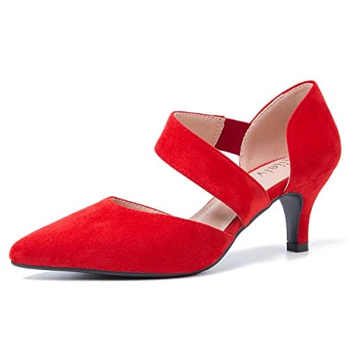 Peijely Women's Pointed Toe Kitten Heel Pumps, Elastic Strap Dress Shoes, Slip On Professional Office Wear Suede Red 45 - US 11